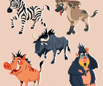 Tropical Wild Animals Icons Colored Cartoon Sketch