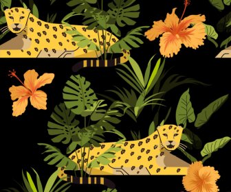 열대 야생 동물 패턴 표범 히비스커스 스케치 어두운 디자인