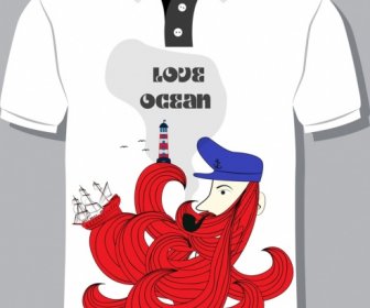 Camiseta Diseño Plantilla Ocean Blanco Rojo Decorado