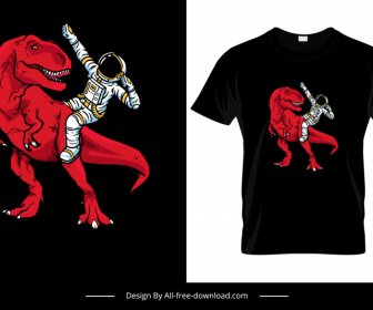 Tシャツテンプレート恐竜宇宙飛行士漫画スケッチダークデザイン