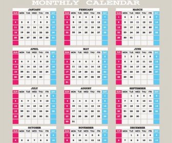 Biru Dan Merah Muda Block15 Vektor Kalender
