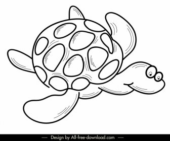 Tartaruga Icona Divertente Cartone Animato Schizzo Bianco Nero Disegnato A Mano