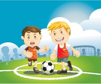 Two Boys Play Soccer On A Field Vector