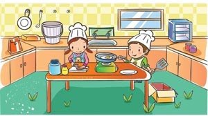 キッチンで働く 2 人のかわいい美しい学校の子供ベクトル子供イラスト