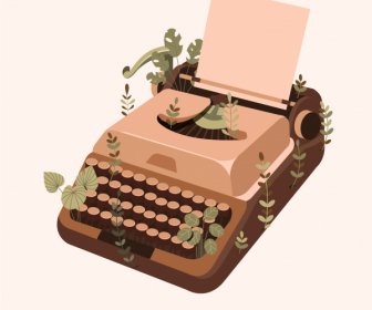 Typewriter Icon Vintage Design 3d Sketch Leaves Decor