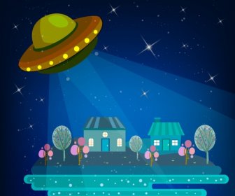 UFO-Hintergrund Funkelnden Himmel Hintergrund Beleuchtete Häuser Symbole