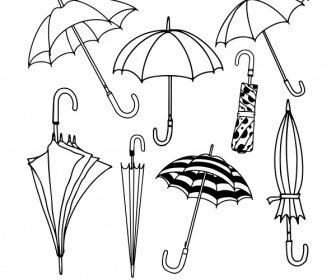 umbrella icons black white handdrawn sketch