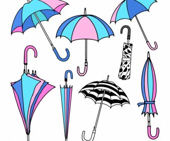 umbrella icons colorful handdrawn sketch