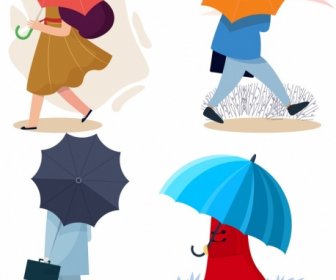 Icônes De Style Parapluie Croquis De Dessin Animé Coloré
