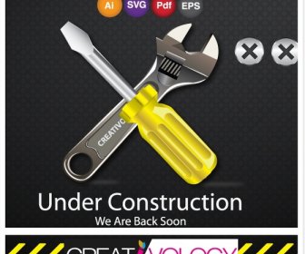 Under Construction Banner Wrench Screwdriver Icons Realistic Decor