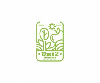 Uni 2 Mercado Logotipo Verde Plantilla Plana Dibujo A Mano Elementos De La Naturaleza Diseño