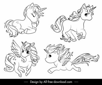 Ikon Unicorn Lucu Sketsa Hitam Putih Digambar Tangan Kartun