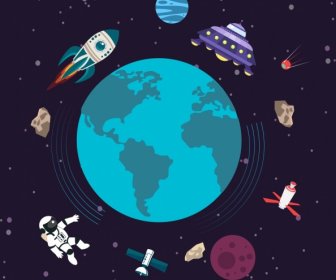 El Fondo Universo Tierra OVNI Astronauta Satellite Iconos