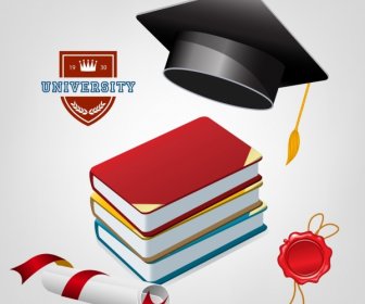 University Banner Colored 3d Cap Books Diploma Icons