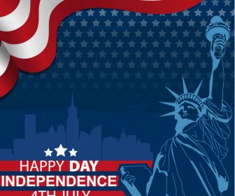 Us Independence Day Holiday Banner Silhouette Statue Dynamic Flat Decor