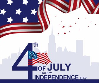 us independence day holiday poster city scene silhouette dynamic ribbon confetti decor