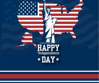 Us Independence Day Holiday Poster Contrast Design Liberty Statue Flag Map Sketch