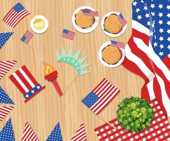 Usa Icons Flags Decorated Objects Colorful Design