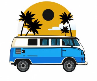 Vacation Bus Icon Colored Flat Classic Sketch