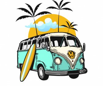 Elementos De Diseño De Vacaciones Vintage Bus Coconut Surfboard Sketch