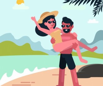 Vacation Painting Man Woman Beach Icons Colored Cartoon