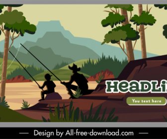 Vacation Poster Fishing Activity Nature Scene Sketch