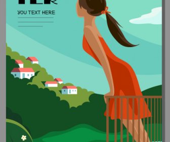 Vacation Poster Relaxing Girl Mountain Lake Scene Sketch