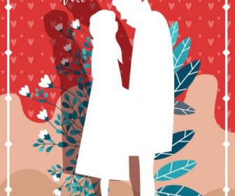 Valentine Banner Couple Leaves Icon Classical Silhouette Design