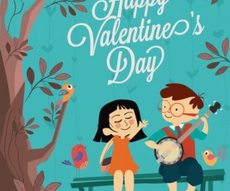 Valentine Banner Cute Couple Birds Tree Colored Cartoon