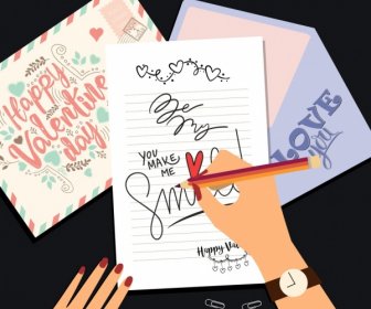 Manos De Banner De San Valentín Escribiendo Cartas Icono Coloreado De Dibujos Animados