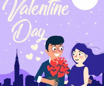 Pareja De Amor De Banner De San Valentín Iconos Color De Dibujos Animados Del Claro De Luna