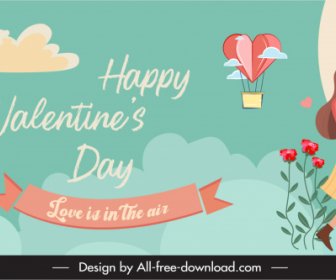 バレンタインバナーテンプレートロマンチックな空の要素ハート植物学の装飾漫画のスケッチ