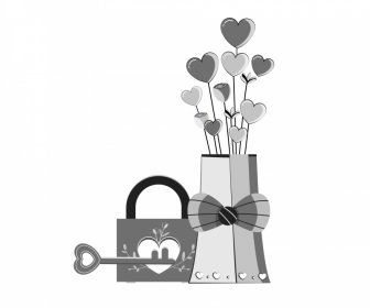 Valentine BW Elemen Desain Kunci Hati Kunci Garis Besar Vas Bunga
