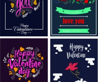 Sevgililer Günü Kartları Şablonları Renkli Koyu Kaligrafi Kalpler Dekor