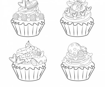 Valentine Cupcake Icons Collection Black White Handdrawn Outline