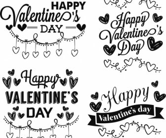 Valentine Day Design Elements Romantic Black White Sketch