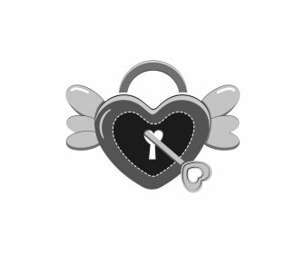 Valentine Design Elements, Black White 3d Wings Heart Shaped Lock Key Outline