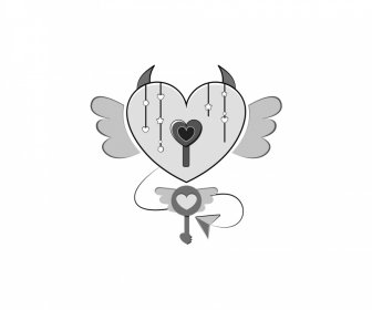 Elementos De Diseño De San Valentín Bw Angel Devil Llave Lock Contorno