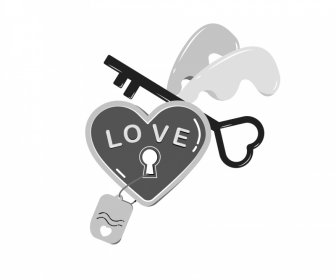 Elemen Desain Valentine BW Key Heart Lock Tag Icons Sketch