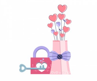 Valentine Design Elements Key Heart Locks Floral Vase Sketch