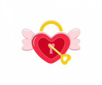 Valentine Design Elements, Wings Heart Shaped Lock Key Sketch