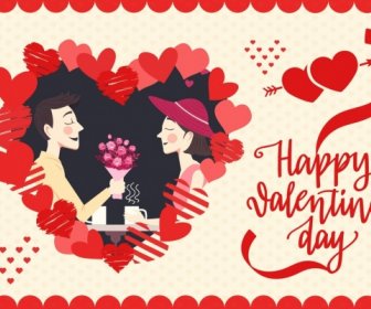 Cartel De San Valentín Feliz Pareja Icono Corazones Rojos Decoración