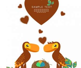 Valentine Poster Hearts Birds Couple Icons Cartoon Design