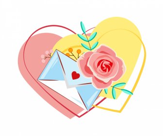 Valentine Sign Icon Envelope Rose Hearts Sketch