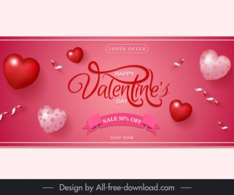 Plantilla De Banner De Venta De San Valentín 3D Globos De Corazones Cinta Caligrafía Decoración