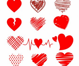 valentines decor elements red hearts shapes sketch