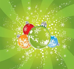 Vector Abstract Christmas Balls Shown In Beautiful Green Star And Snowflakes Background