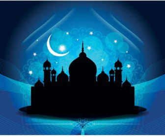 Vektor Abstrak Latar Belakang Biru Eid Bersinar Dengan Siluet Masjid