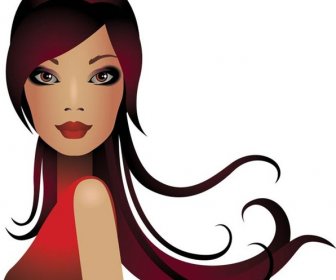 Vektor Menarik Gadis Cantik Dalam Gaun Merah Dengan Rambut Panjang