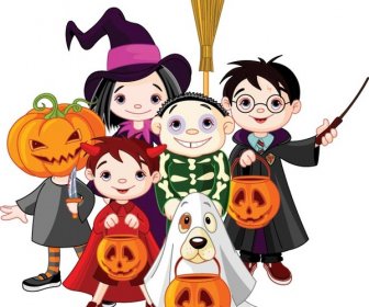 Vektor Anak-anak Yang Indah Di Kostum Halloween